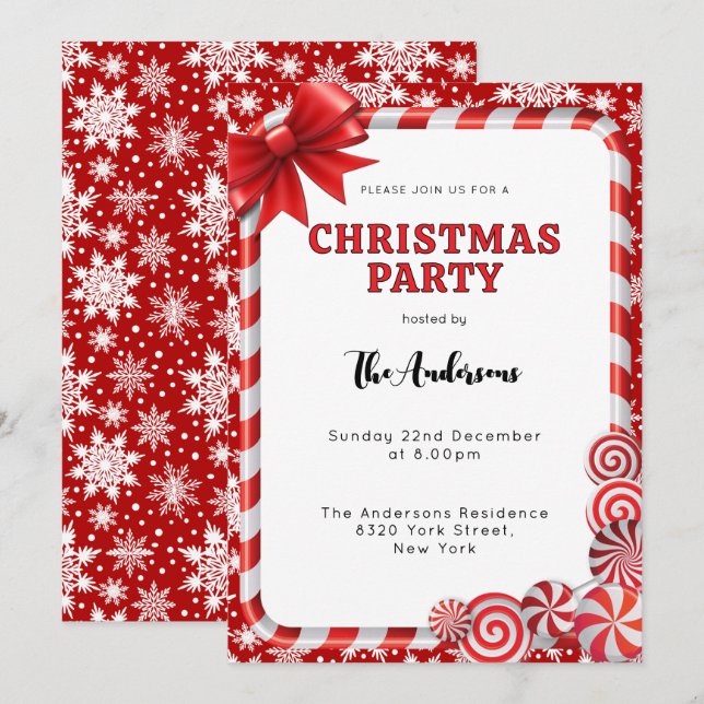Festive Red White Snowflake Candy  Christmas Party Invitation (Front/Back)