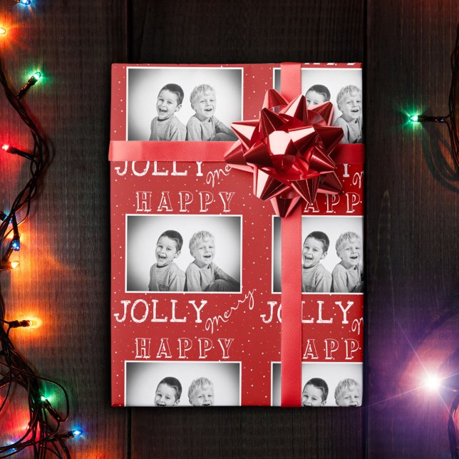 Festive Red White Typography Christmas Photo Wrapping Paper (Creator Uploaded)