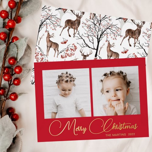 Festive Red Winter Deer Pattern Two Photo Foil Holiday Card
