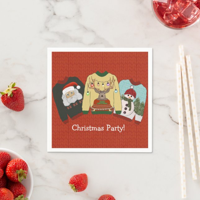 Festive Red Wool Ugly Sweater Christmas Party Napkins (Insitu)