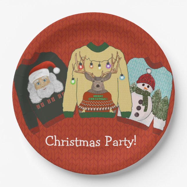 Festive Red Wool Ugly Sweater Christmas Party Paper Plates (Front)