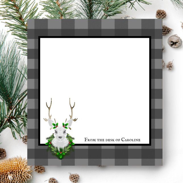 Festive Reindeer Buffalo Plaid Personalized Notepad (Gray Festive Reindeer Buffalo Plaid Personalized Notepad)