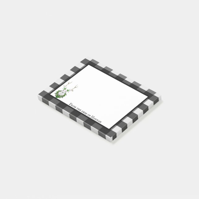 Festive Reindeer Buffalo Plaid Personalized Post-it Notes (Angled)