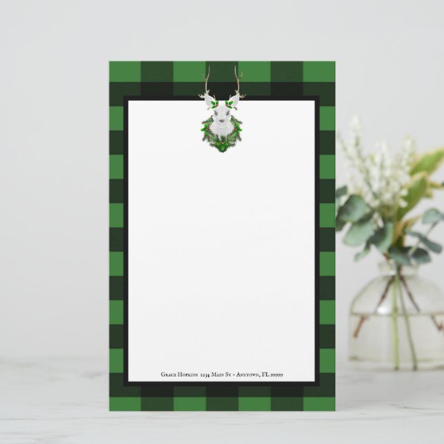 Festive Reindeer Buffalo Plaid Personalized Stationery (Standing Front)