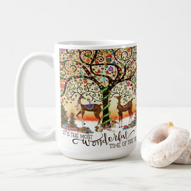 Festive Reindeer Christmas Ornaments Tree Coffee Mug (With Donut)