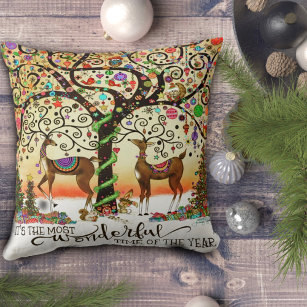 Festive Reindeer Christmas Tree Fun Holiday Throw Pillow