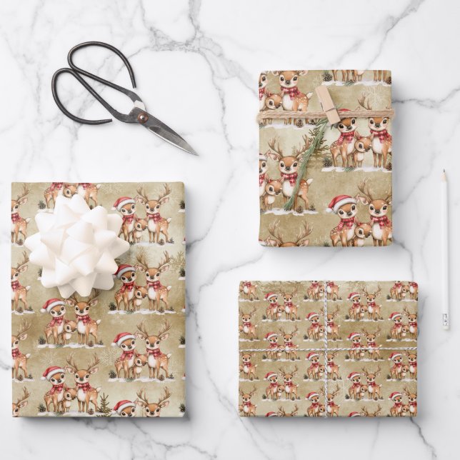 Festive Reindeer Family with Santa Hats  Wrapping Paper Sheets (Front)