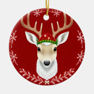 🎄 Festive Reindeer Glow ❄️ Red Winter Holiday Ceramic Ornament