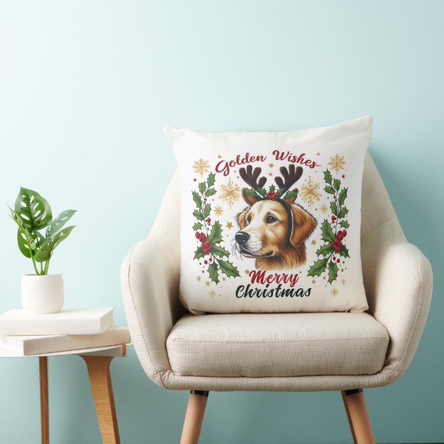 Festive Reindeer Golden Retriever Dog Christmas Throw Pillow (Chair)