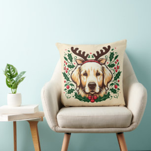 Festive Reindeer Golden Retriever Dog Holiday Xmas Throw Pillow