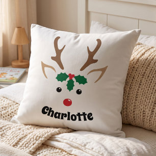 Festive Reindeer Holiday Decor Custom Kids Name Throw Pillow