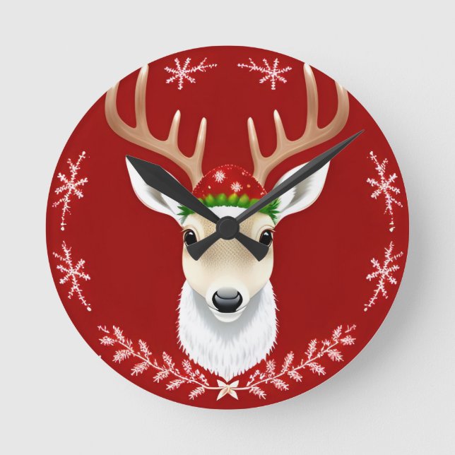 Festive Reindeer Illustration with Red Background Round Clock (Front)