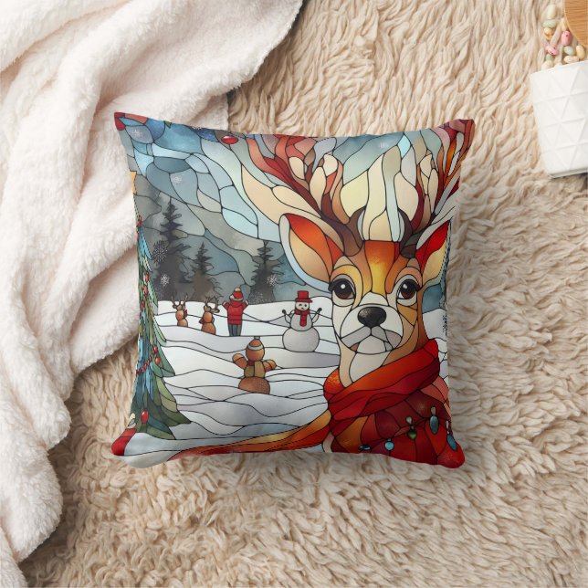 Festive reindeer in a snowy winter wonderland throw pillow (Blanket)