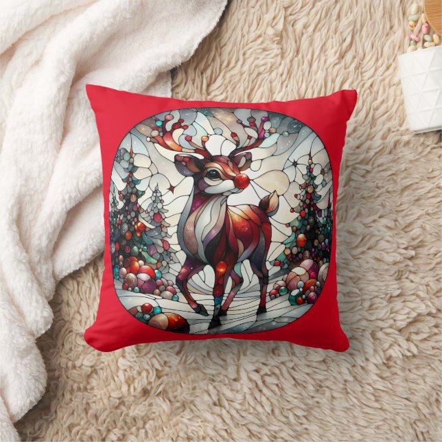 Festive reindeer in a whimsical winter landscape throw pillow (Blanket)