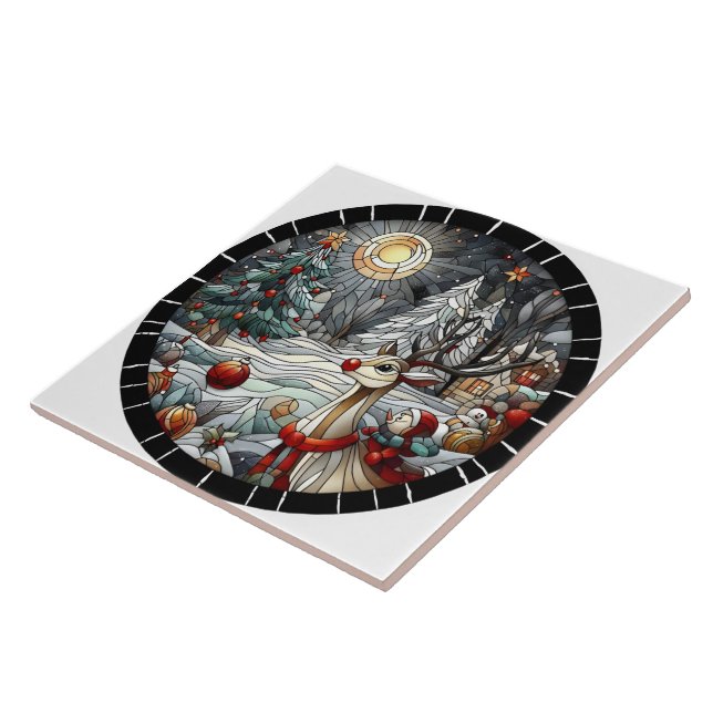 Festive reindeer in a winter wonderland at dusk ceramic tile (Side)