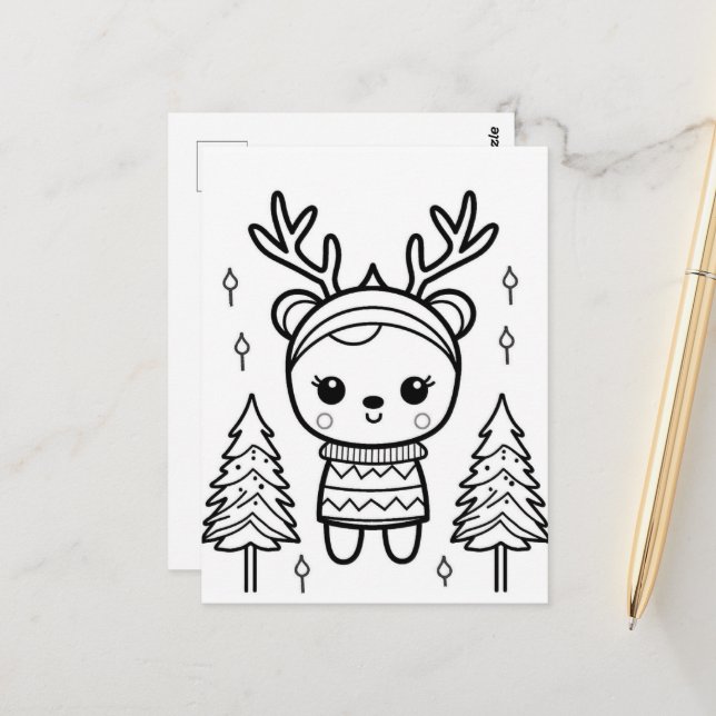 Festive reindeer kids coloring postcard (Front/Back In Situ)