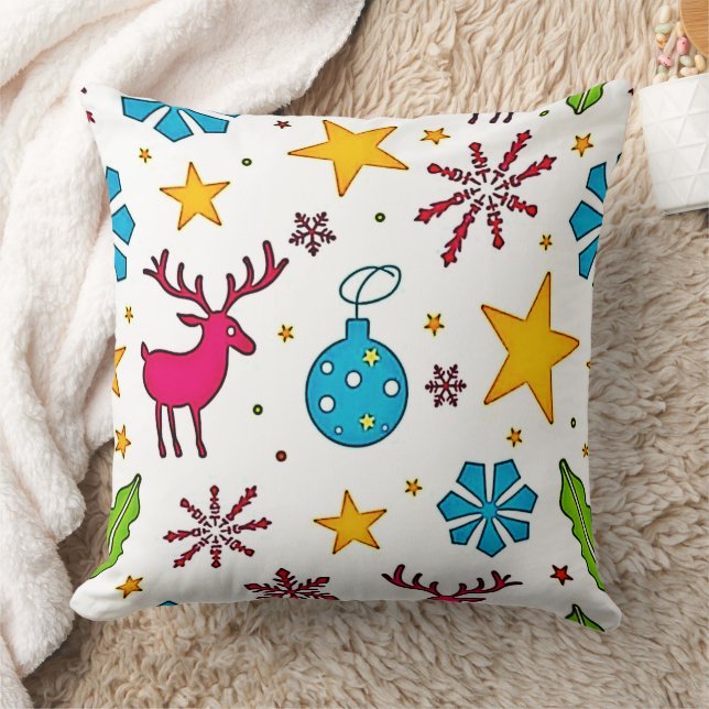 Festive Reindeer Magic Pattern Design Throw Pillow (Blanket)