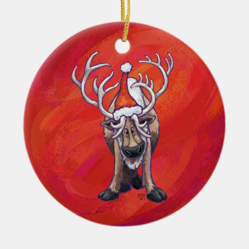 Festive Reindeer On Red and Green Ceramic Ornament