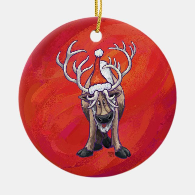 Festive Reindeer On Red and Green Ceramic Ornament (Front)