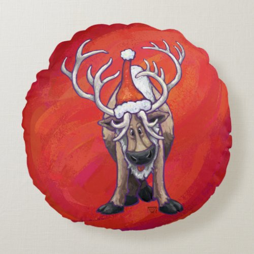 Festive Reindeer On Red and Green Round Pillow