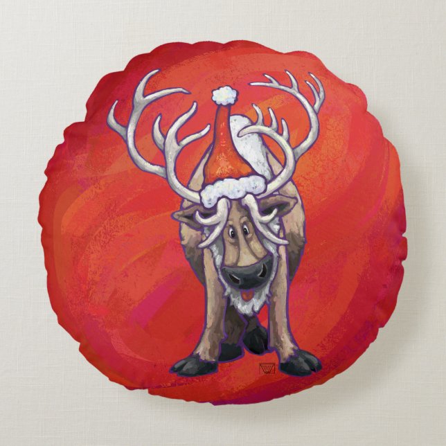 Festive Reindeer On Red and Green Round Pillow (Front)