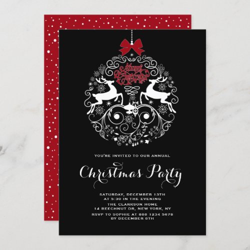 Festive Reindeer Ornament Black Christmas Party Invitation