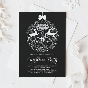 Festive Reindeer Ornament Black Christmas Party Invitation