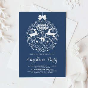 Festive Reindeer Ornament Blue Christmas Party Invitation