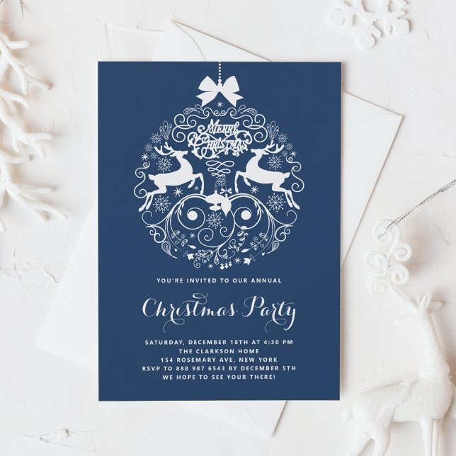 Festive Reindeer Ornament Blue Christmas Party Invitation (Creator Uploaded)