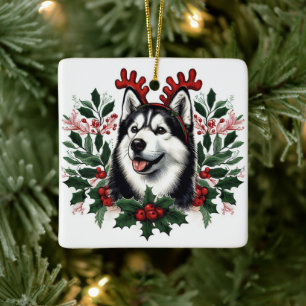 Festive Reindeer Siberian Husky Dog Christmas Ceramic Ornament