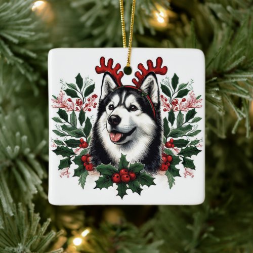 Festive Reindeer Siberian Husky Dog Christmas Ceramic Ornament