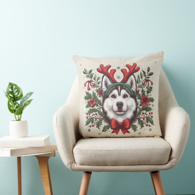 Festive Reindeer Siberian Husky Dog Christmas Throw Pillow (Chair)