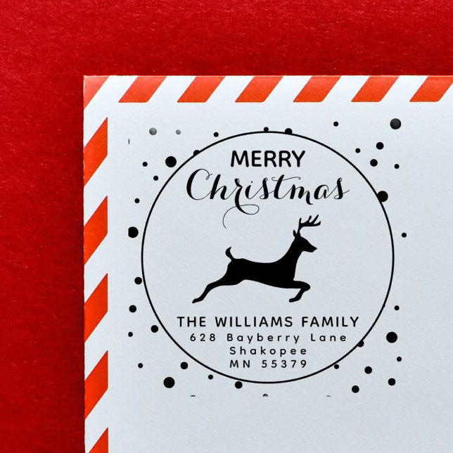 Festive Reindeer Snow Holiday Return Address Rubber Stamp (Festive Reindeer in the snow globe Holiday Return Address Rubber Stamp)