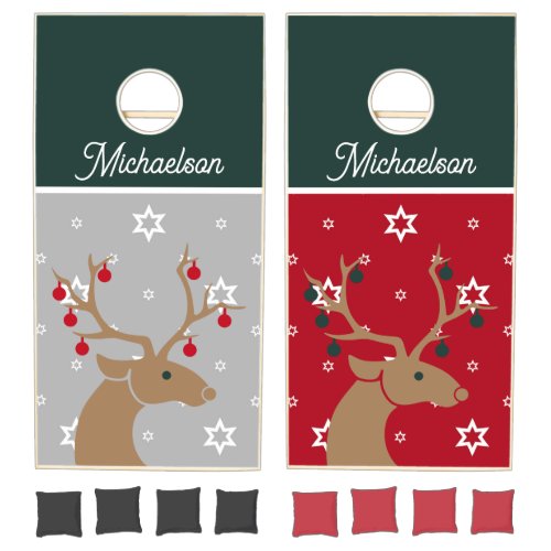 Festive Reindeer Snowflakes Family Name Holiday Cornhole Set