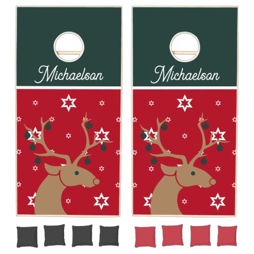 Festive Reindeer Snowflakes Family Name Red Green Cornhole Set