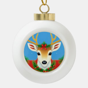 Festive Reindeer with Holiday Wreath Ceramic Ball Christmas Ornament