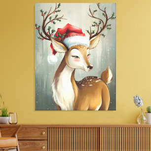 Festive Reindeer with Holly and Santa Hat Canvas Print