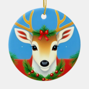 🎄 Festive Reindeer Wreath Glow ❄️ Holiday Ceramic Ornament