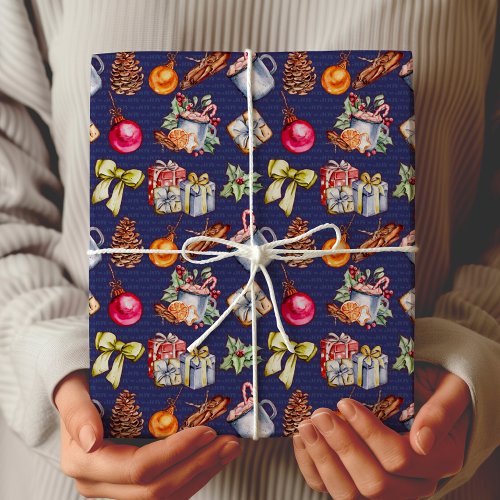 Festive retro blue vintage Christmas pattern Wrapping Paper