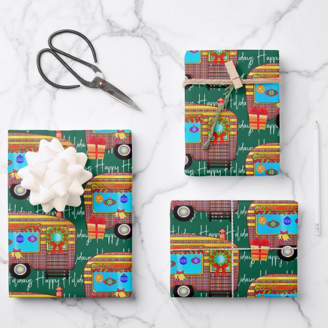 Festive Retro Camper Happy Holidays Wrapping Paper Sheets (Front)
