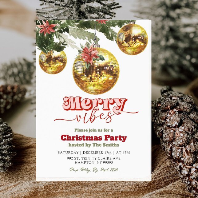 Festive Retro Christmas Golden Discoball Party Invitation (Creator Uploaded)