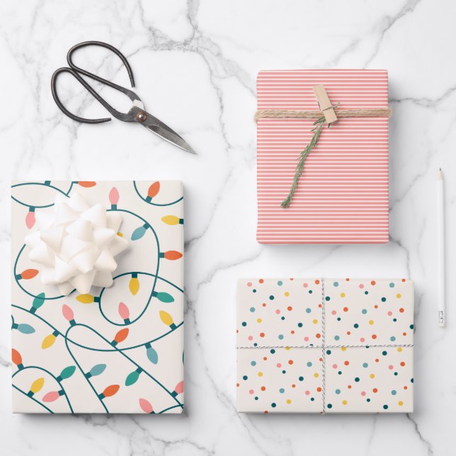 Festive Retro Christmas Lights Stripes Dots Wrapping Paper Sheets (Front)