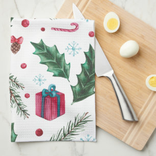 Festive Retro Christmas Mistletoe Pattern Kitchen Towel