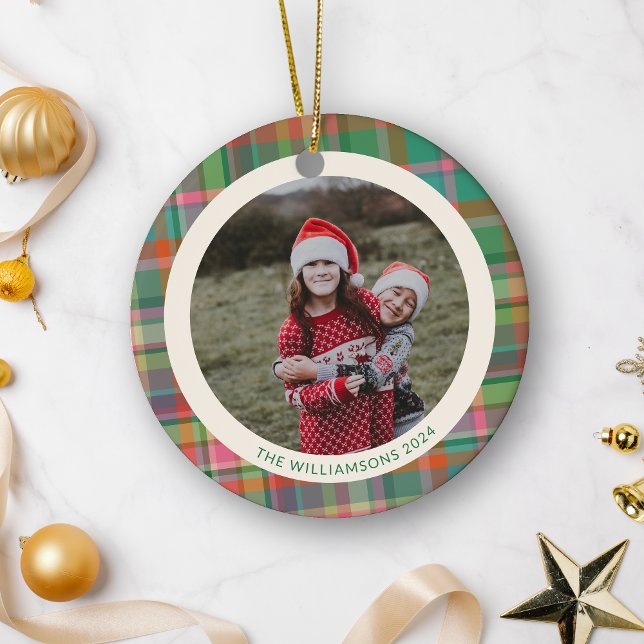 Festive Retro Christmas Plaid Cute Preppy Photo  Ceramic Ornament (Creator Uploaded)