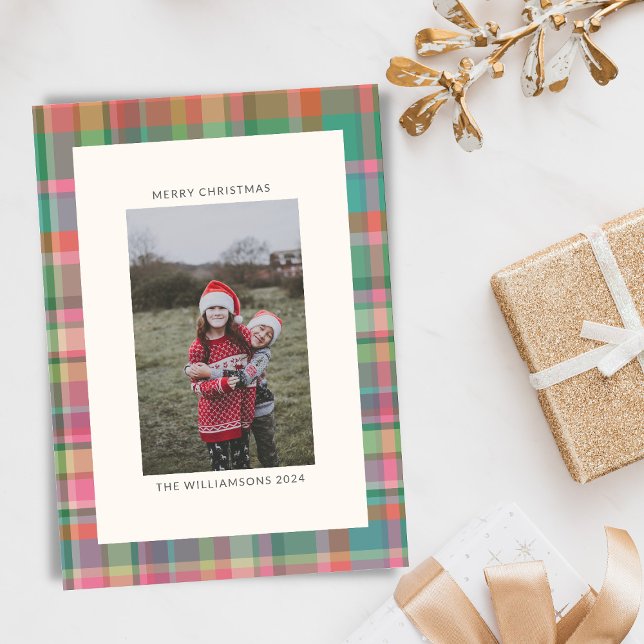 Festive Retro Christmas Plaid Cute Preppy Photo  Holiday Card (Creator Uploaded)