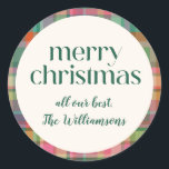 Festive Retro Christmas Plaid Cute Preppy Script Classic Round Sticker<br><div class="desc">Festive Retro Christmas Plaid Cute Preppy Photo Holiday Script Classic Round Sticker</div>