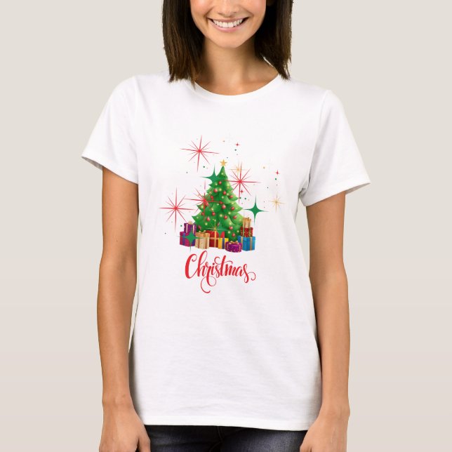Festive Retro Christmas Tree & Presents Holiday T-Shirt (Front)