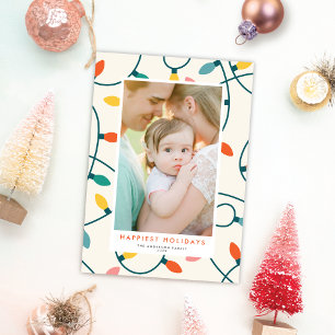 Festive Retro Colorful Christmas Lights One Photo Holiday Card
