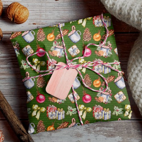 Festive retro green vintage Christmas pattern Wrapping Paper