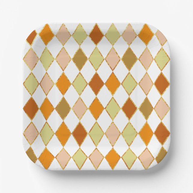 Festive Retro Orange Beige White Diamond Pattern Paper Plates (Front)